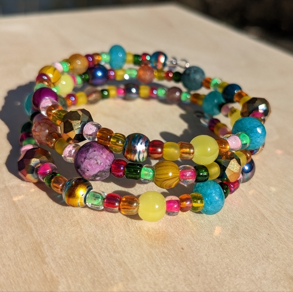 Hand Crafted Jewelry - JASPER Crystals Bracelet Blue Opal Glass Beads Handmade Colorful Cute Sparkly